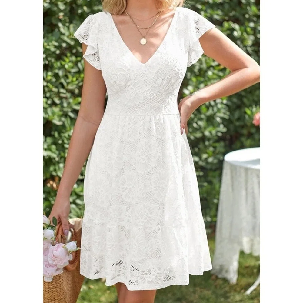 MEROKEETY Women's Floral Lace Short Sleeve Dress White color Tie Back size Med